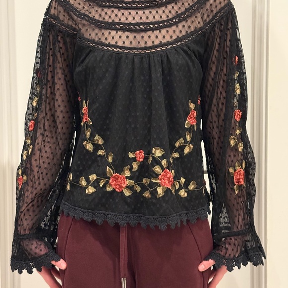 SAYLOR Tops - SAYLOR Black Lace Blouse with Red Floral Embroidery